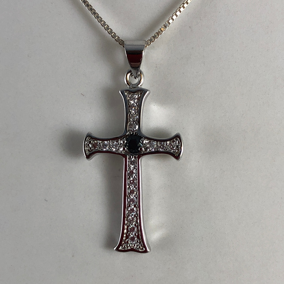 Blue Sapphire & CZ 925 Silver Cross Pendant - Picture 2 of 6